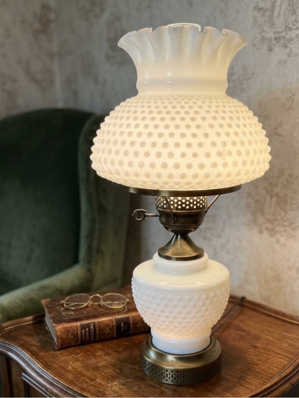 Vintage White Hobnail Milk Glass Hurricane Table Lamp with chimneys
Three light